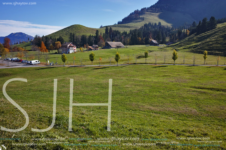 Anazing view Green meadows above Lake Lucerne, near mount Rigi, Alps, Switzerland