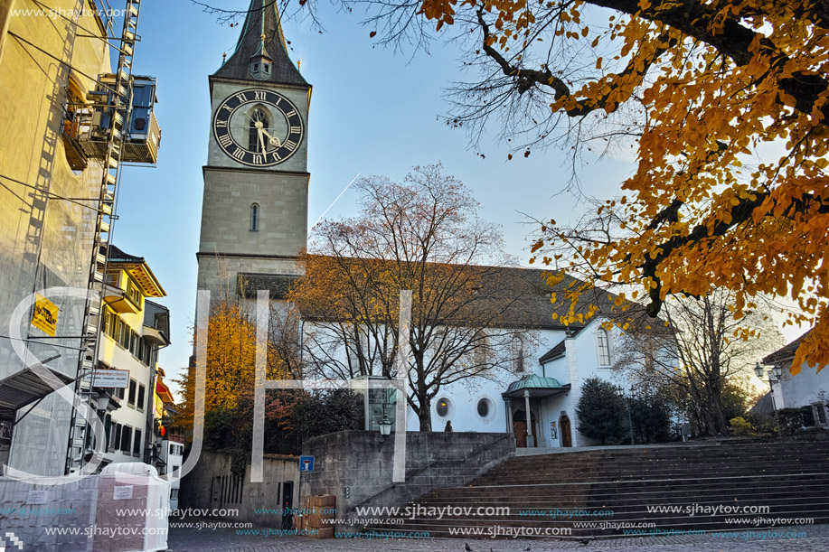 St. Peter Church and autumn trees, City of Zurich, Switzerland