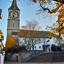 St. Peter Church and autumn trees, City of Zurich, Switzerland