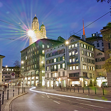 Night photo of street in city of Zurich, Switzerland