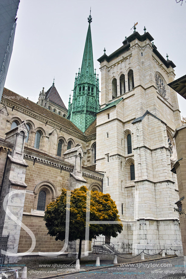 The front view of St. Pierre Cathedral in Geneva, Switzerland