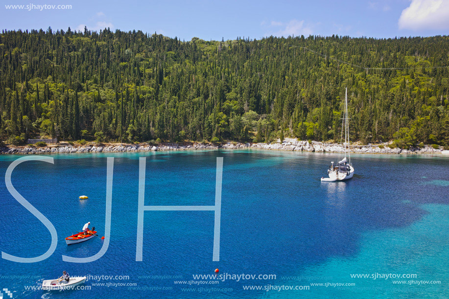 Blue waters of Foki Fiskardo Beach, Kefalonia, Ionian islands, Greece