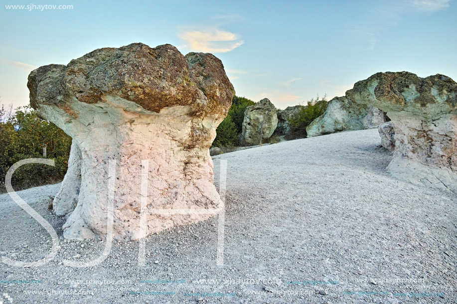 Sunrise over rock formation The Stone Mushrooms near Beli plast village, Kardzhali Region, Bulgaria