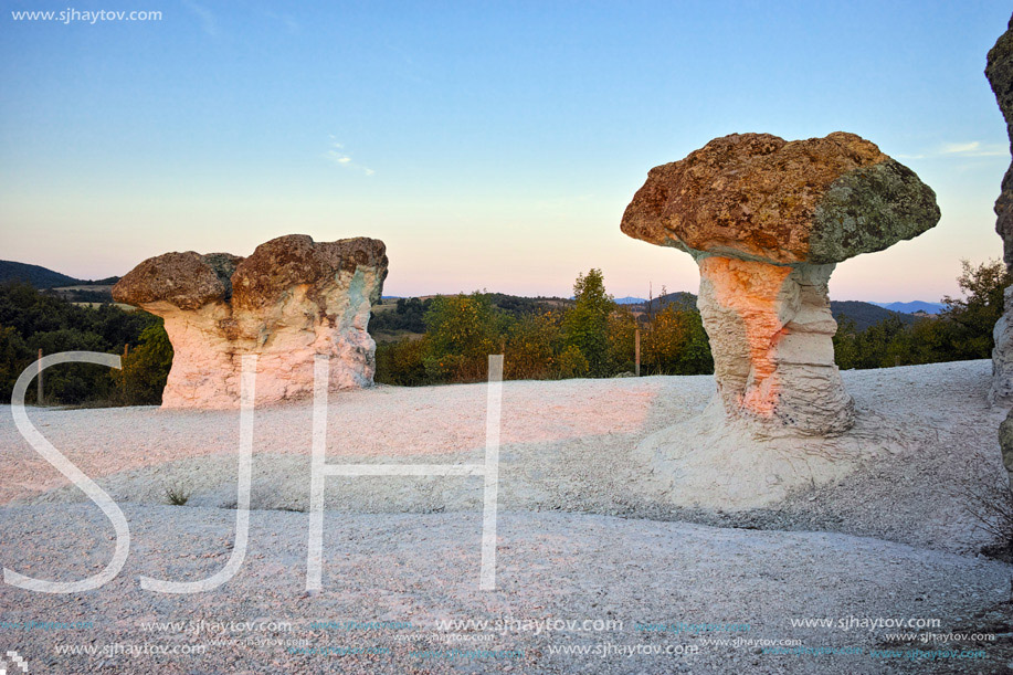 Stone Mushrooms colored in red from Sunrise near Beli plast village, Kardzhali Region, Bulgaria