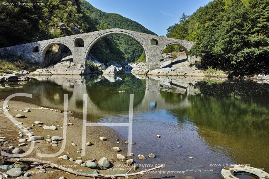 Amazing Reflection of Devil Bridge in Arda river and Rhodopes mountain, Kardzhali Region, Bulgaria