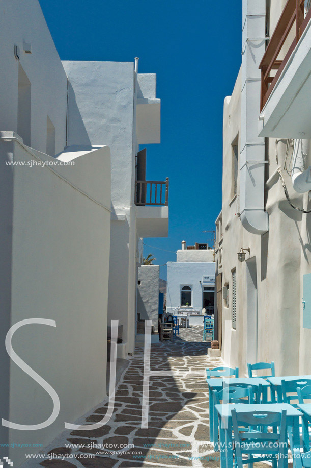 Old white house in Naoussa town, Paros island, Cyclades, Greece