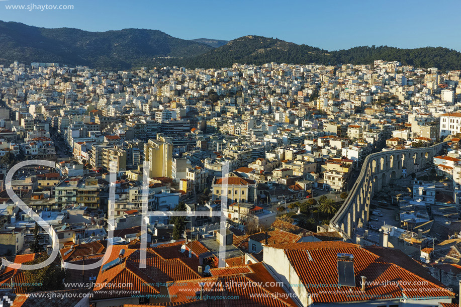 Panorama to aqueduct in Kavala, East Macedonia and Thrace, Greece