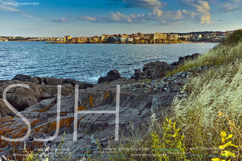 Panoramic sunset view of town of Sozopol, Burgas Region, Bulgaria