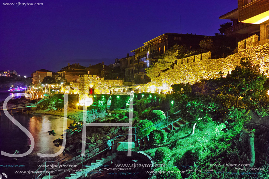 Night photo of reconstructed gate part of Sozopol ancient fortifications, Bulgaria