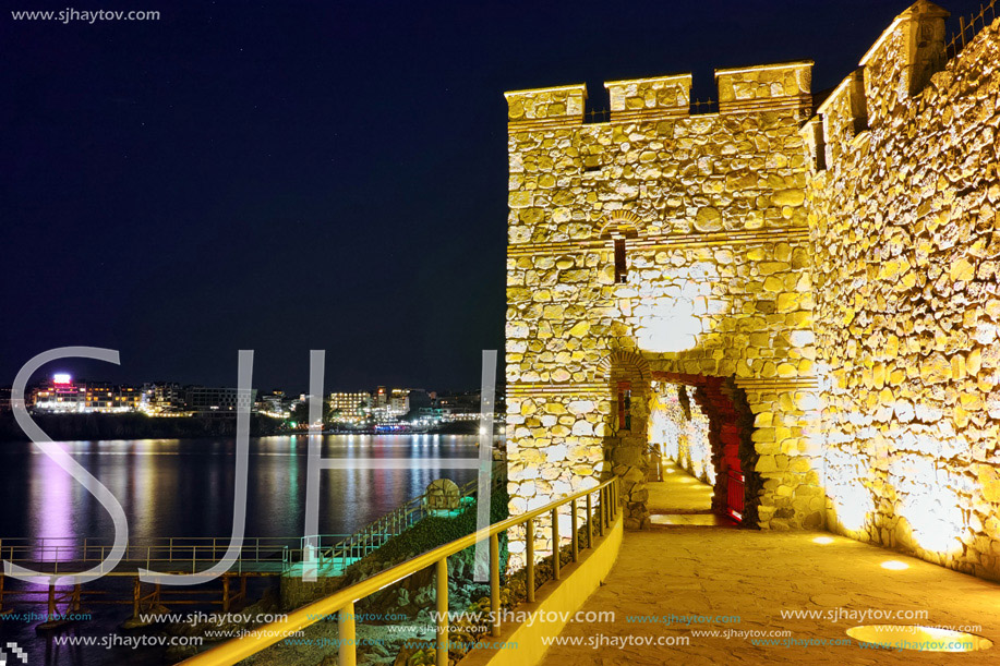 Night photo of reconstructed gate part of Sozopol ancient fortifications, Bulgaria