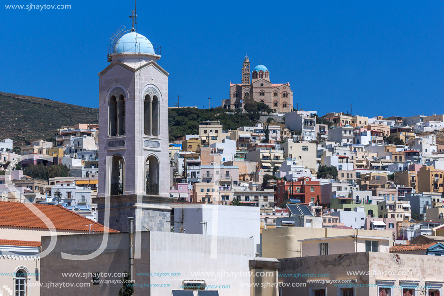 Panorama with belfry of Churches in town of Ermopoli, Syros, Cyclades Islands, Greece