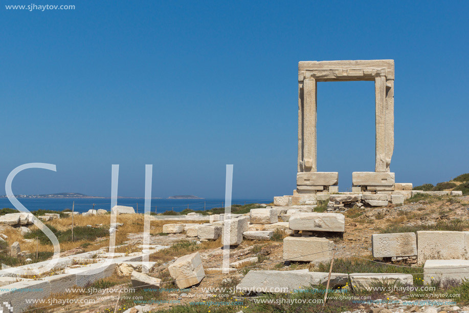 Close up view of Portara, Apollo Temple Entrance, Naxos Island, Cyclades, Greece