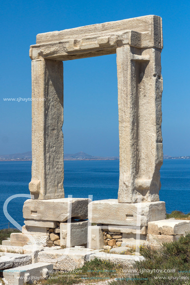 Amazing View of Agean sea and Portara, Apollo Temple Entrance, Naxos Island, Cyclades, Greece