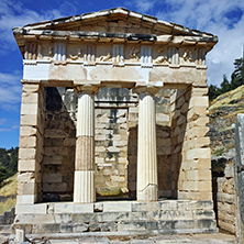 Building of Treasury of Athens in Ancient Greek archaeological site of Delphi,Central Greece