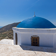 Blue roof of church and Panoramic view to Santorini island, Thira, Cyclades, Greece