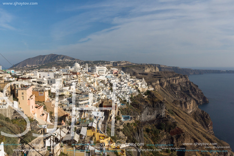 Amazing panorama to town of Fira and Prophet Elias peak, Santorini island, Thira, Cyclades, Greece