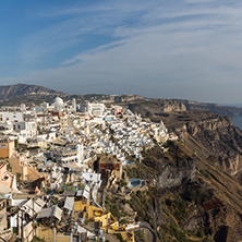 Amazing panorama to town of Fira and Prophet Elias peak, Santorini island, Thira, Cyclades, Greece