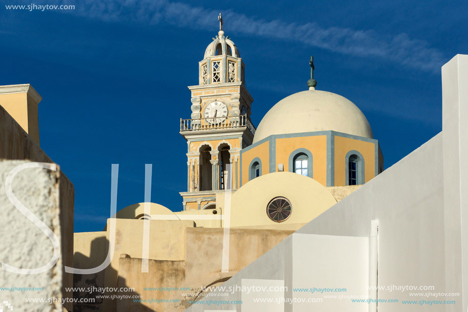bell tower of orthodox church in town of Firostefani, Santorini island, Thira, Cyclades, Greece