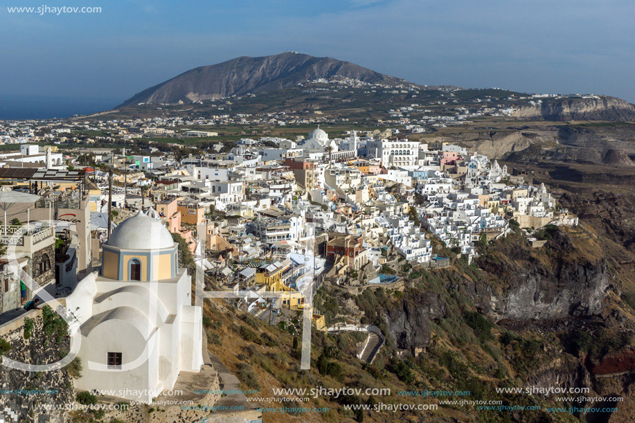 Amazing Landscape to town of Fira and Prophet Elias peak, Santorini island, Thira, Cyclades, Greece