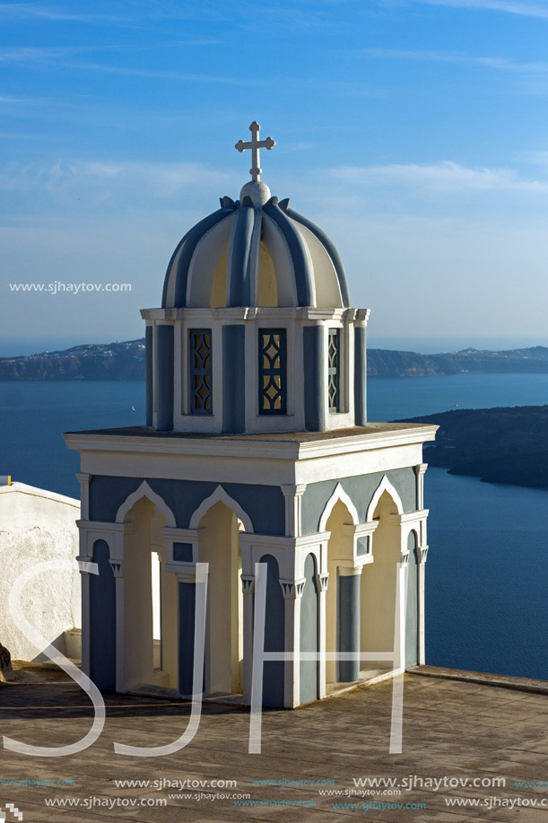 Bell towers in town of Firostefani, Santorini island, Thira, Cyclades, Greece