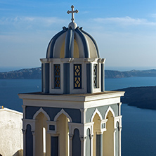 Bell towers in town of Firostefani, Santorini island, Thira, Cyclades, Greece