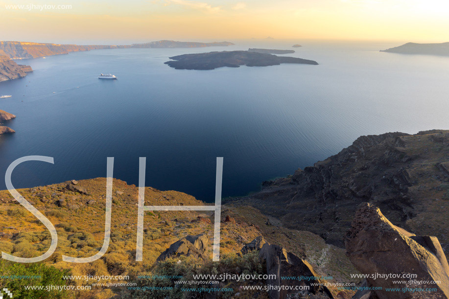 Amazing sunset panorama to Santorini island, Thira, Cyclades, Greece