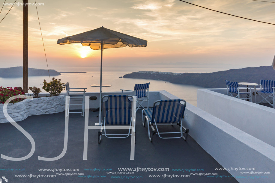 Amazing Sunset landscape in town of imerovigli, Santorini island, Thira, Cyclades, Greece