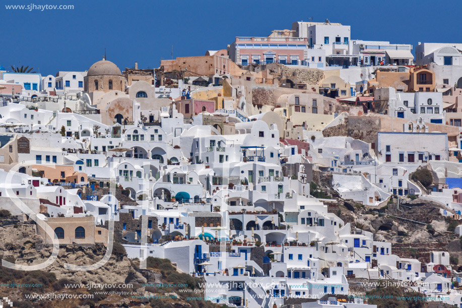 Amazing landscape to Oia town from the sea, Santorini island, Cyclades, Greece