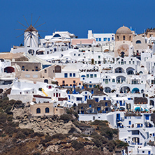 Panoramic view  to Oia town from the sea, Santorini island, Cyclades, Greece