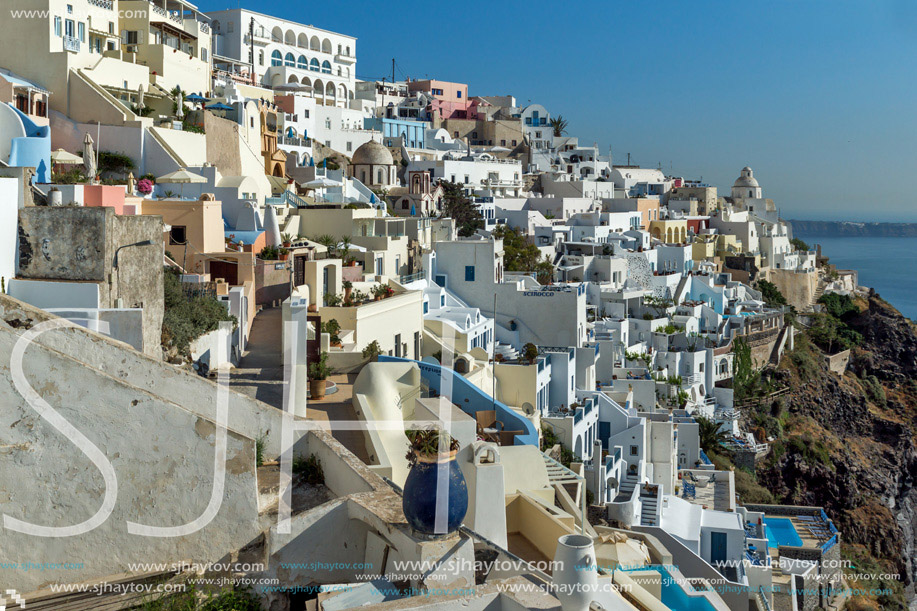 White houses in Fira, Santorini island, Thira, Cyclades, Greece