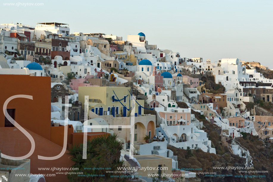 Panoramic sunset Landscape in town of Oia, Santorini island, Thira, Cyclades, Greece