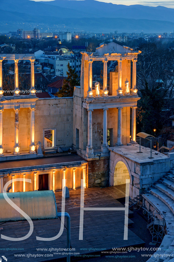 Night view of Ancient Roman theatre in city of Plovdiv, Bulgaria