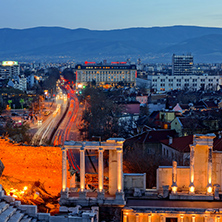 Amazing night landscape of Ancient Roman theatre and city of Plovdiv, Bulgaria