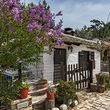 Old stone house and violet flowers in village of Aliki, Thassos island, East Macedonia and Thrace, Greece