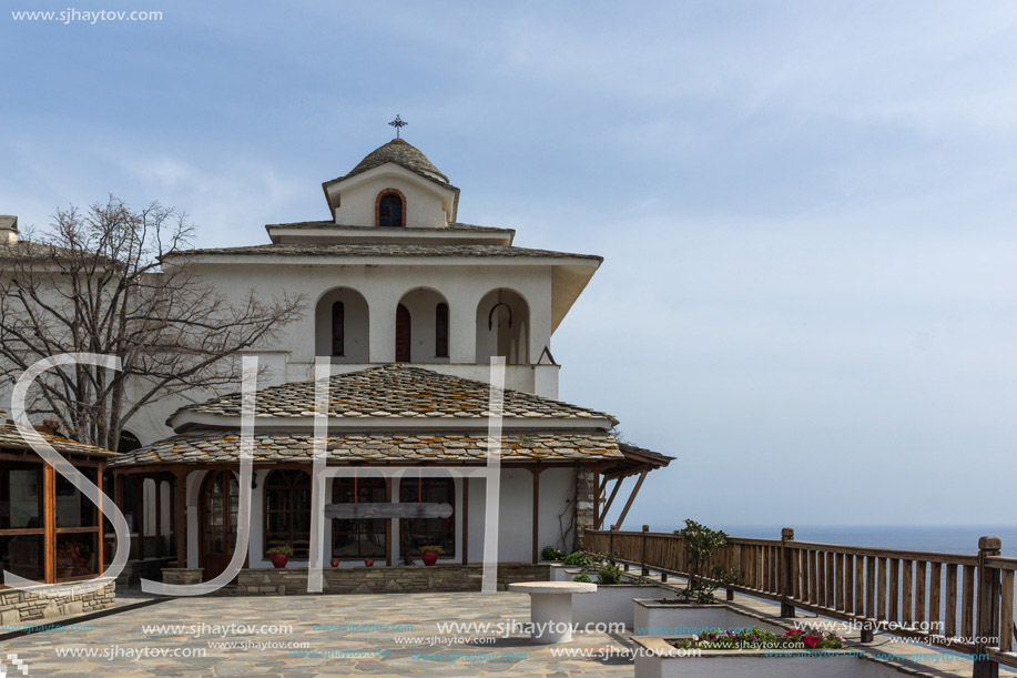 Amazing view of the Archangel Michael Monastery in Thassos island, East Macedonia and Thrace, Greece