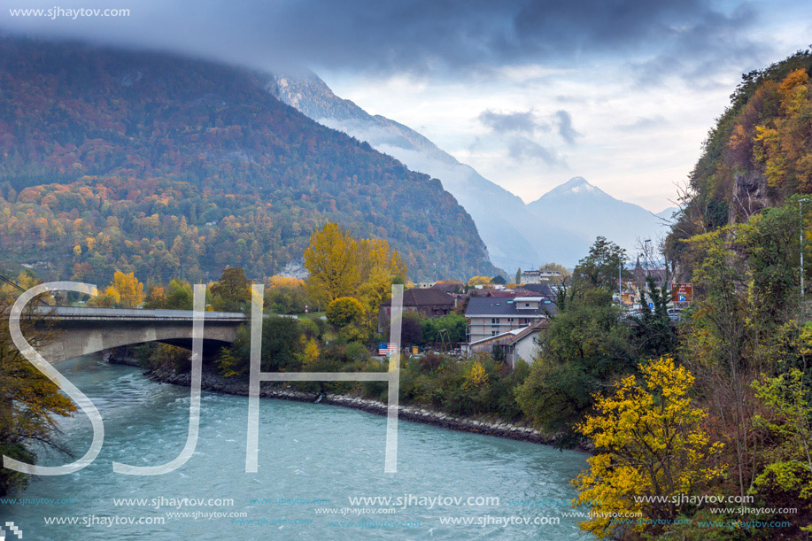 Amazing Autumn Landscape of Rhone River, canton of Vaud, Switzerland