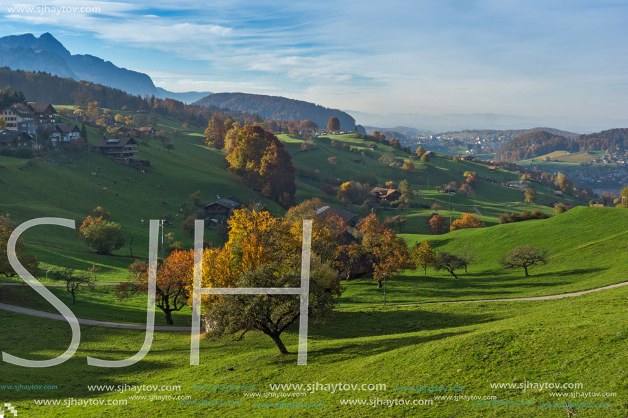 green meadows and typical Switzerland village near town of Interlaken, canton of Bern