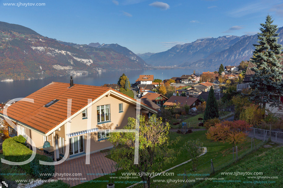 Lake Thun and typical Switzerland village near town of Interlaken, canton of Bern