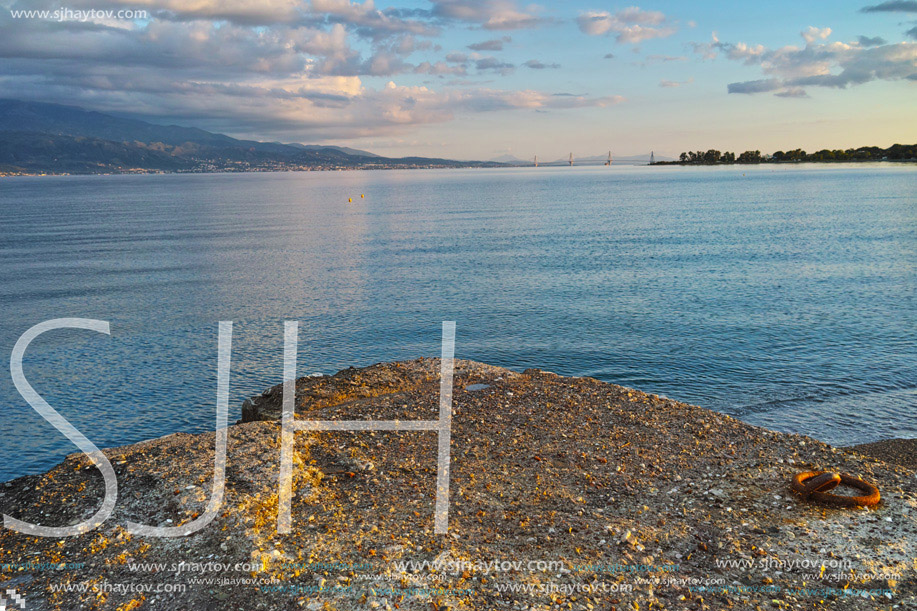 Sunset landscape over The cable bridge between Rio and Antirrio view from Nafpactos, Patra, Western Greece