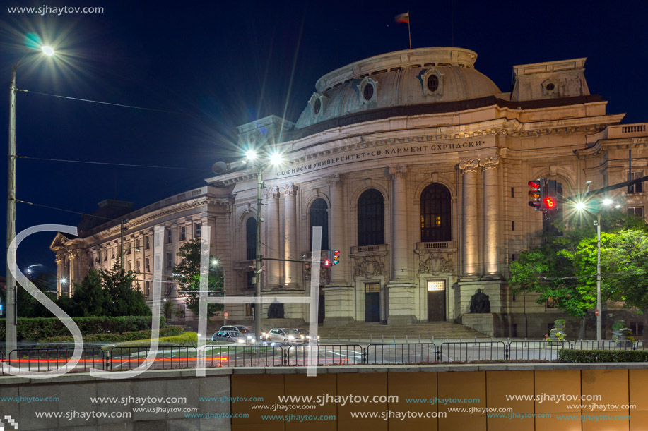 The lights of cars passing in front of University of Sofia, Bulgaria