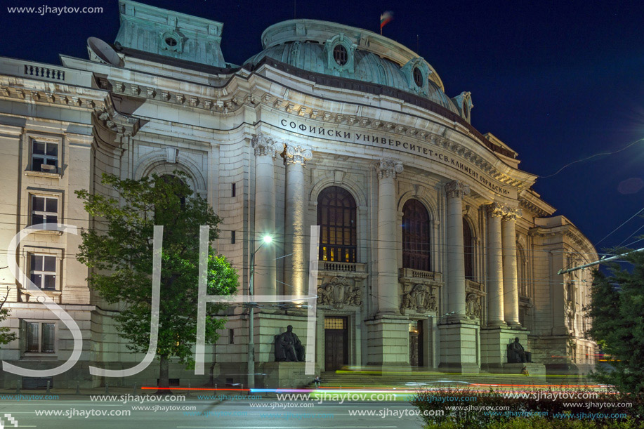 The lights of cars passing in front of University of Sofia, Bulgaria