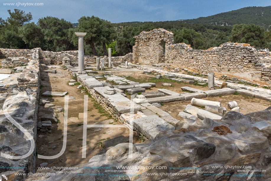 Column in Ruins of ancient church in Archaeological site of Aliki, Thassos island,  East Macedonia and Thrace, Greece