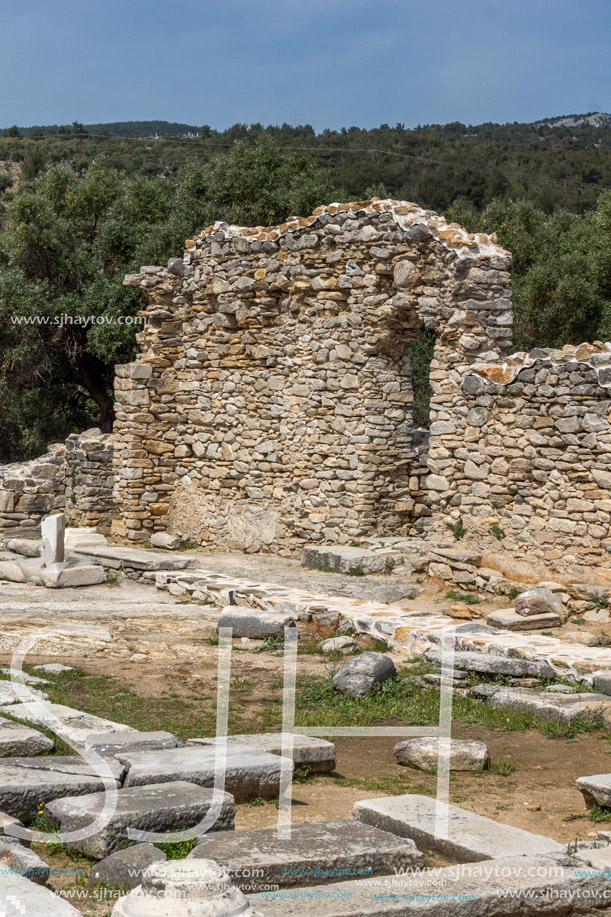 Panorama to Ruins of ancient church in Archaeological site of Aliki, Thassos island,  East Macedonia and Thrace, Greece