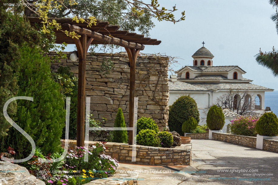 Panoramic view of Archangel Michael Monastery in Thassos island, East Macedonia and Thrace, Greece