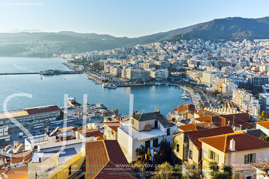 Panoramic view to port of Kavala, East Macedonia and Thrace, Greece