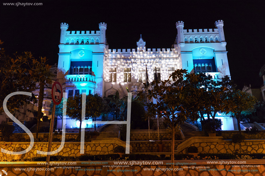 Night photo of City Hall in Kavala, East Macedonia and Thrace, Greece