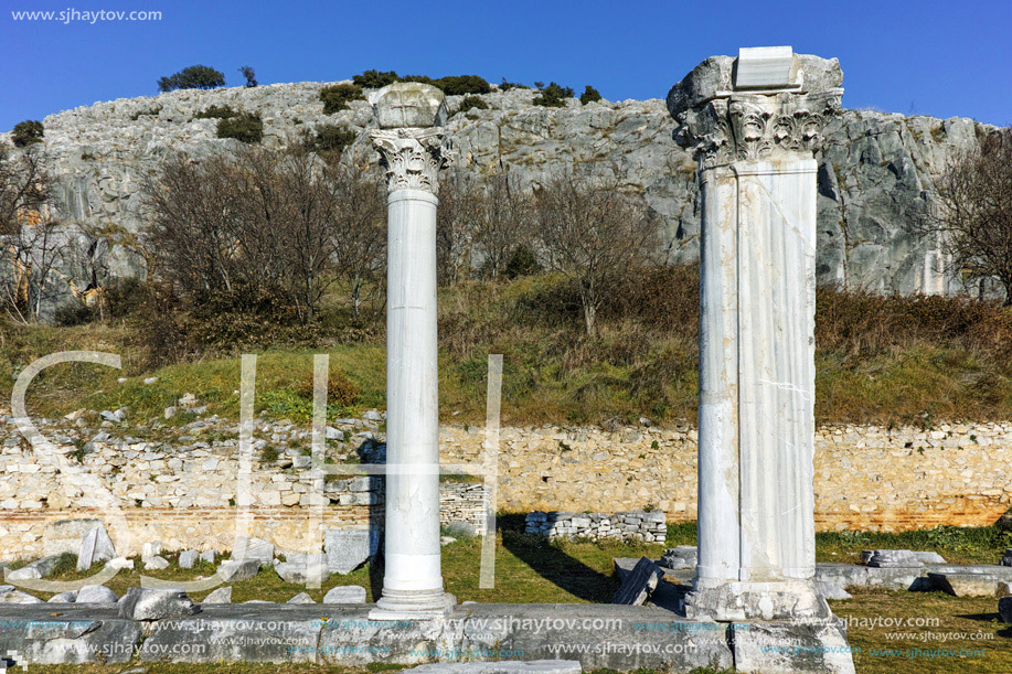 Ancient columns in the archeological area of Philippi, Eastern Macedonia and Thrace, Greece