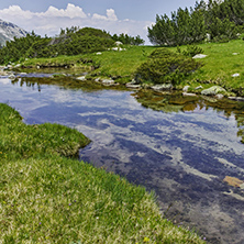 Amazing landscape of green hills and mountain river in Pirin Mountain, Bulgaria