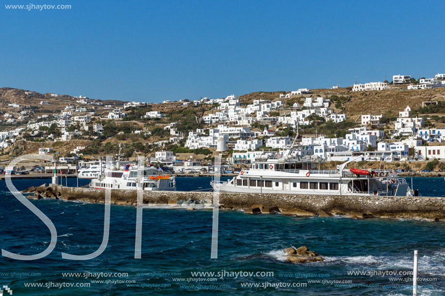 Port and panoramic view to town of Mykonos, Cyclades Islands, Greece