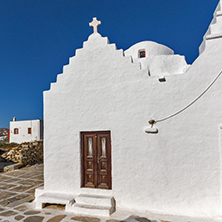 Frontal view White orthodox church in Mykonos, Cyclades Islands, Greece